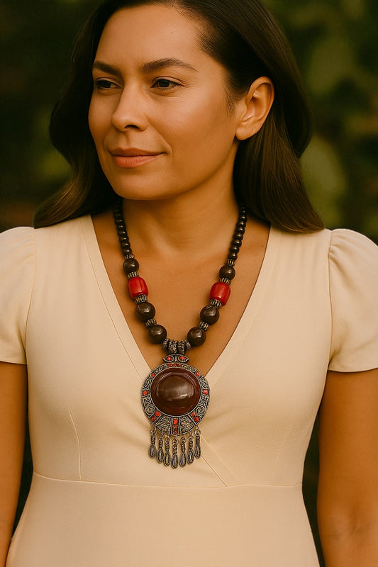 Bohemia Colourful Resin and Wooden Beaded Ethnic Pendant Necklace – Boho Statement Jewellery - Fatisha Boutique #