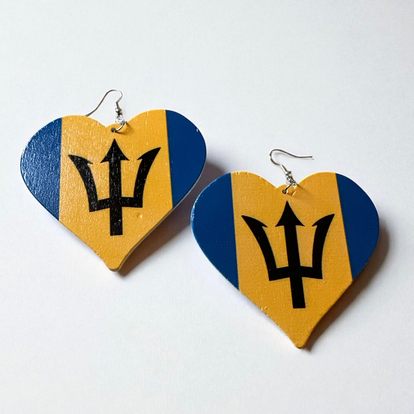 Oversized Barbados Flag Heart Earrings – Double-Sided Wooden Ethnic Statement Jewellery - Fatisha Boutique #