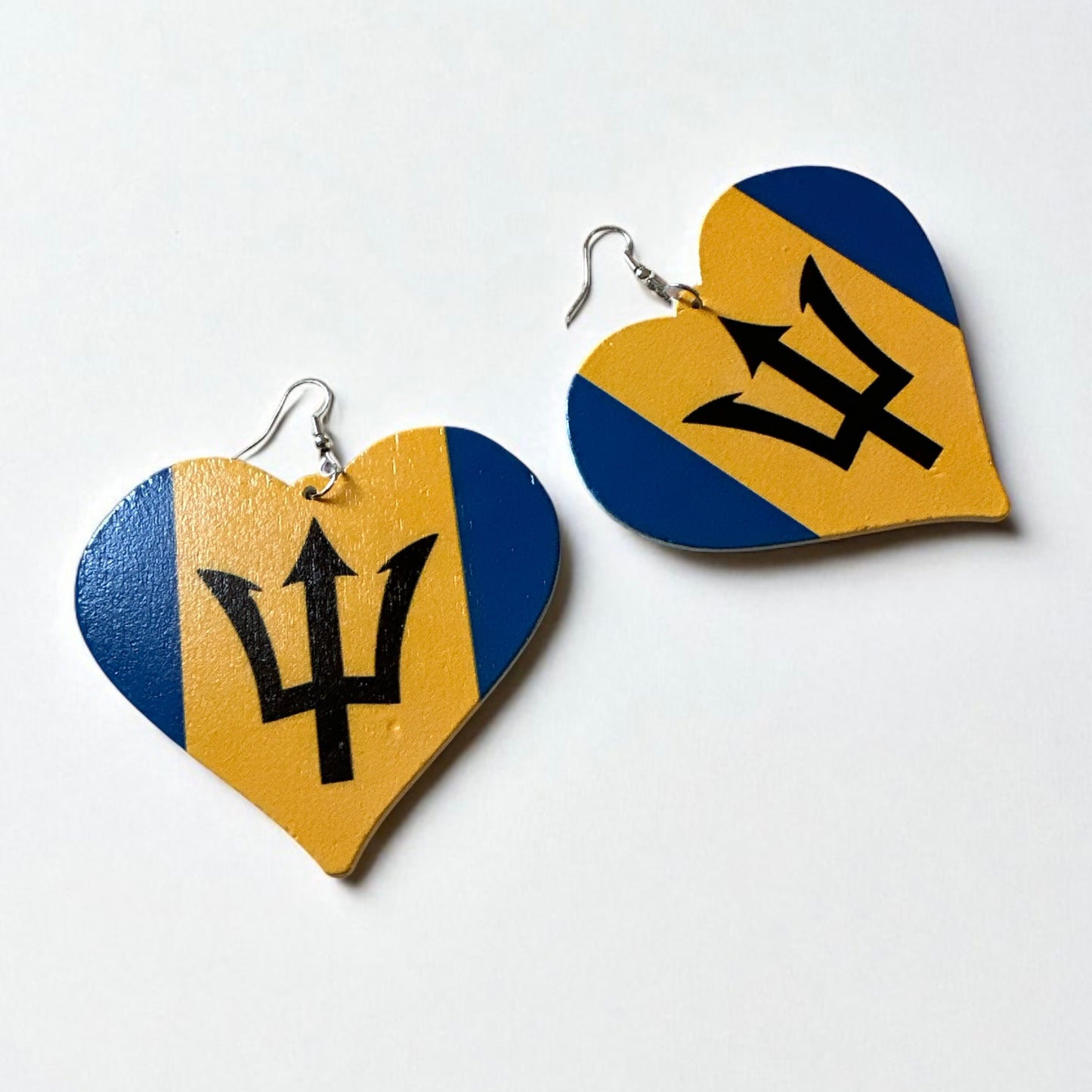 Oversized Barbados Flag Heart Earrings – Double-Sided Wooden Ethnic Statement Jewellery - Fatisha Boutique #