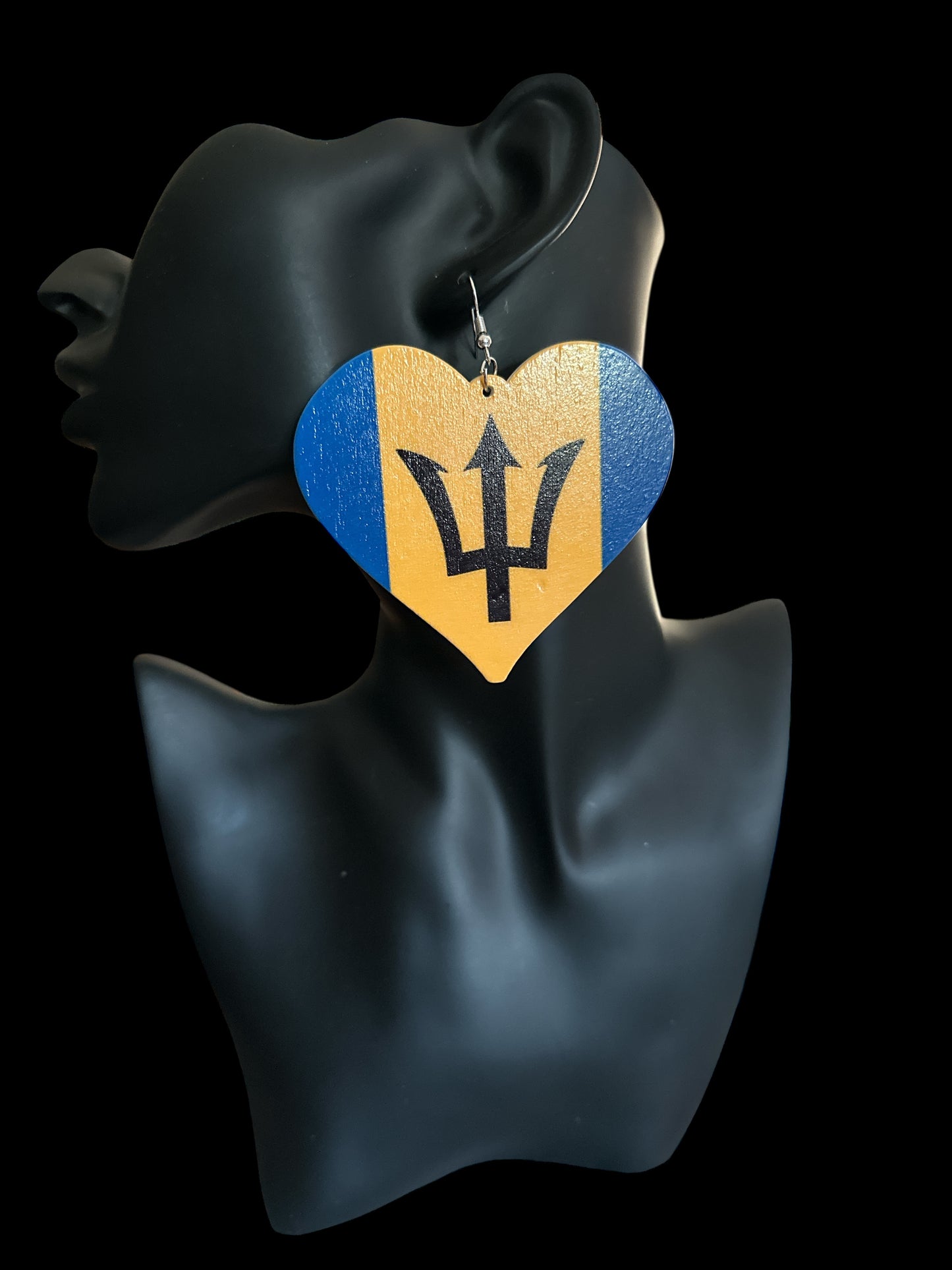 Oversized Barbados Flag Heart Earrings – Double-Sided Wooden Ethnic Statement Jewellery - Fatisha Boutique #