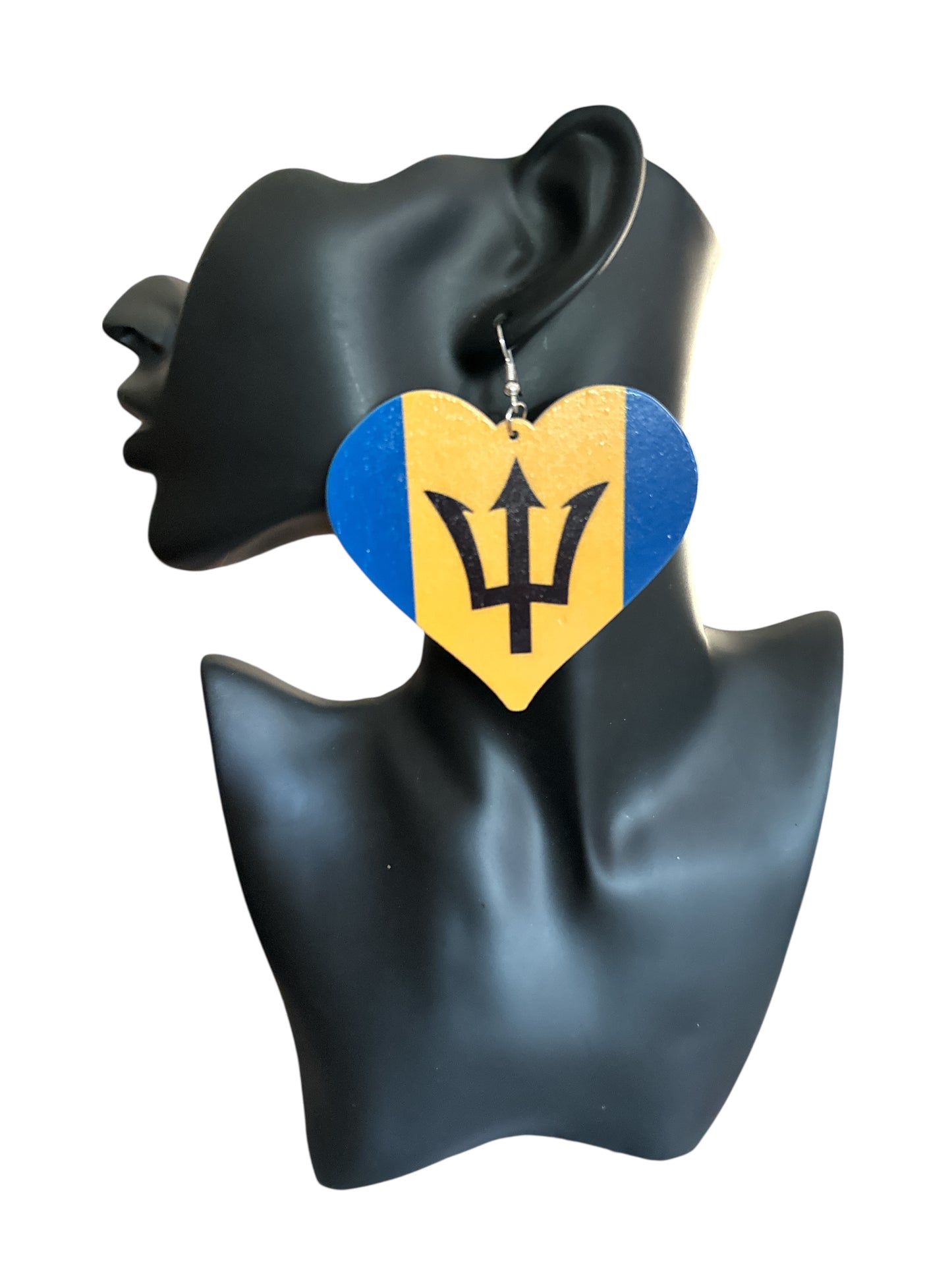 Oversized Barbados Flag Heart Earrings – Double-Sided Wooden Ethnic Statement Jewellery - Fatisha Boutique #