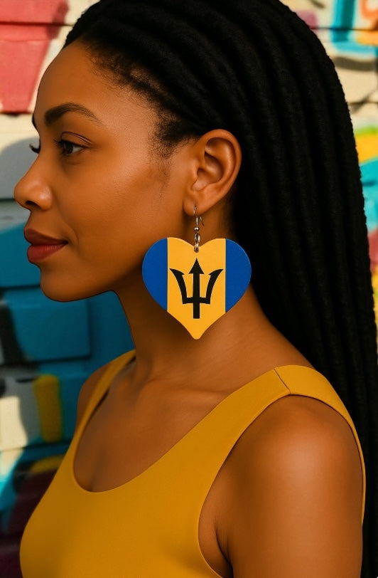 Oversized Barbados Flag Heart Earrings – Double-Sided Wooden Ethnic Statement Jewellery - Fatisha Boutique #