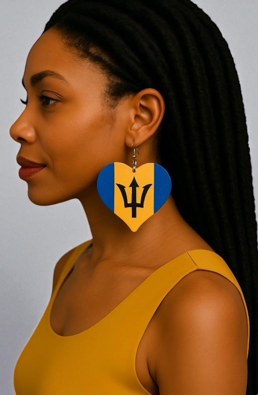 Oversized Barbados Flag Heart Earrings – Double-Sided Wooden Ethnic Statement Jewellery - Fatisha Boutique #