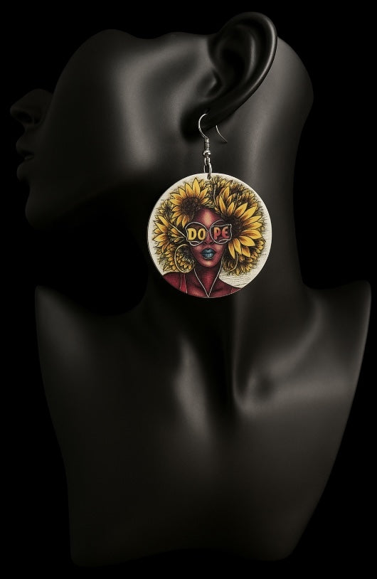 Dope Afro Woman Sunflower Wooden Earrings – Ethnic Statement Jewellery - Fatisha Boutique #