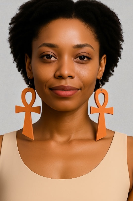 Oversized Wooden Ankh Earrings – African Ethnic Statement Jewellery - Fatisha Boutique #