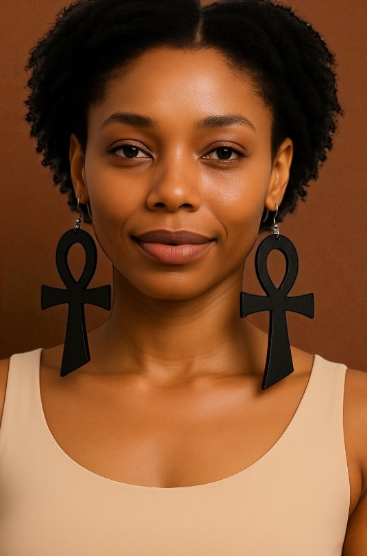 Oversized Wooden Ankh Earrings – African Ethnic Statement Jewellery - Fatisha Boutique #
