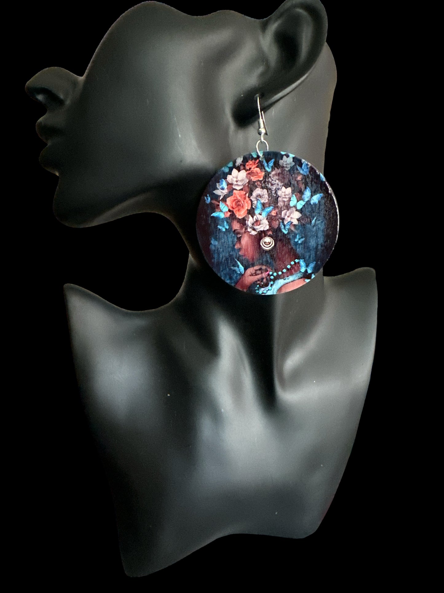 Afrocentric Queen Wooden Earrings – Floral & Butterfly Art Double-Sided Statement Jewellery - Fatisha Boutique #