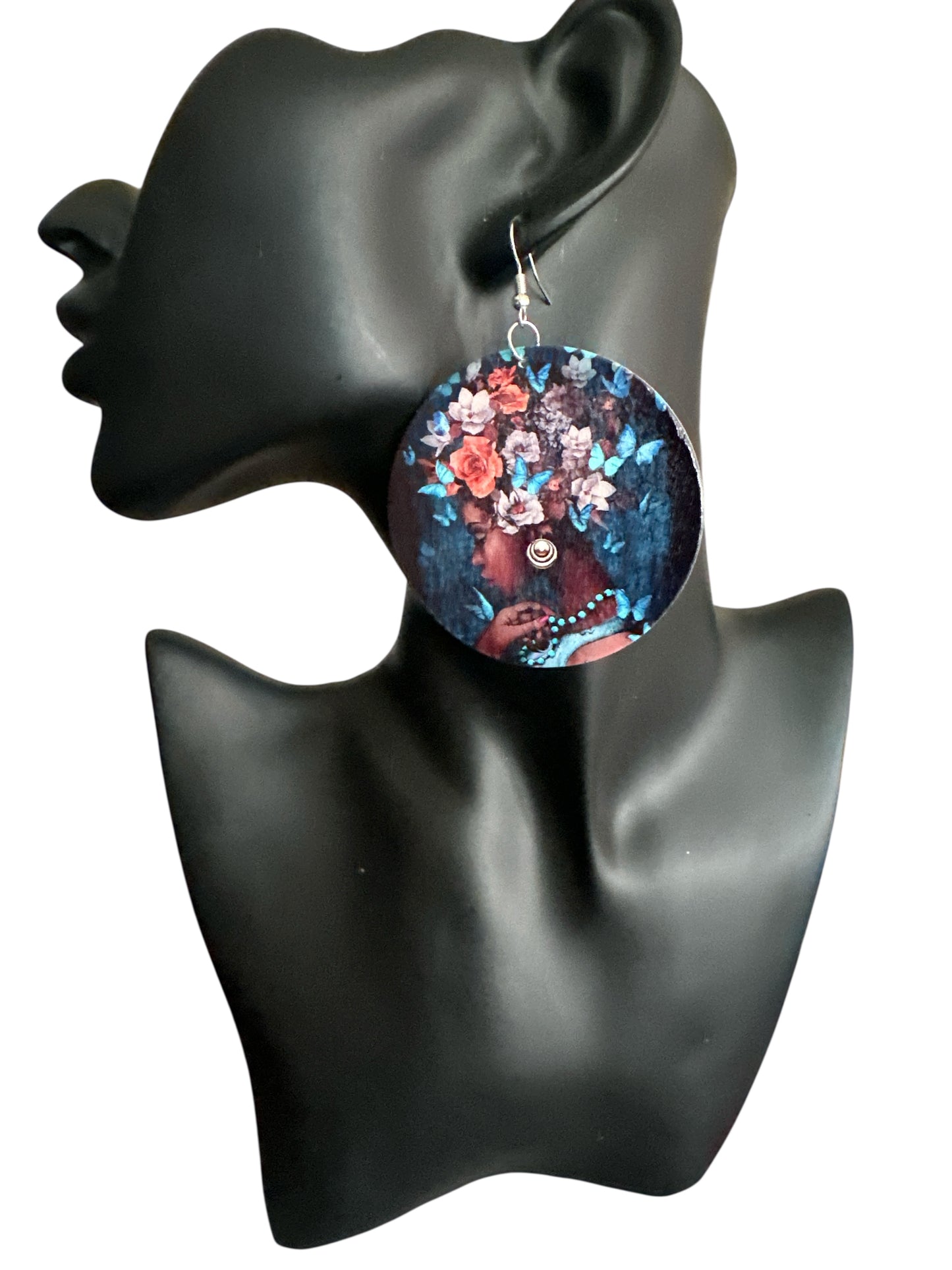 Afrocentric Queen Wooden Earrings – Floral & Butterfly Art Double-Sided Statement Jewellery - Fatisha Boutique #