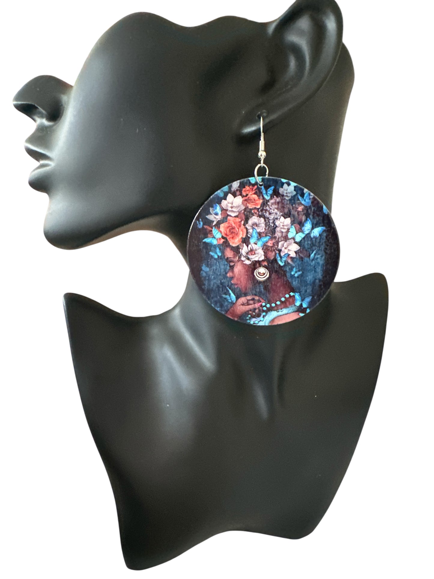 Afrocentric Queen Wooden Earrings – Floral & Butterfly Art Double-Sided Statement Jewellery - Fatisha Boutique #