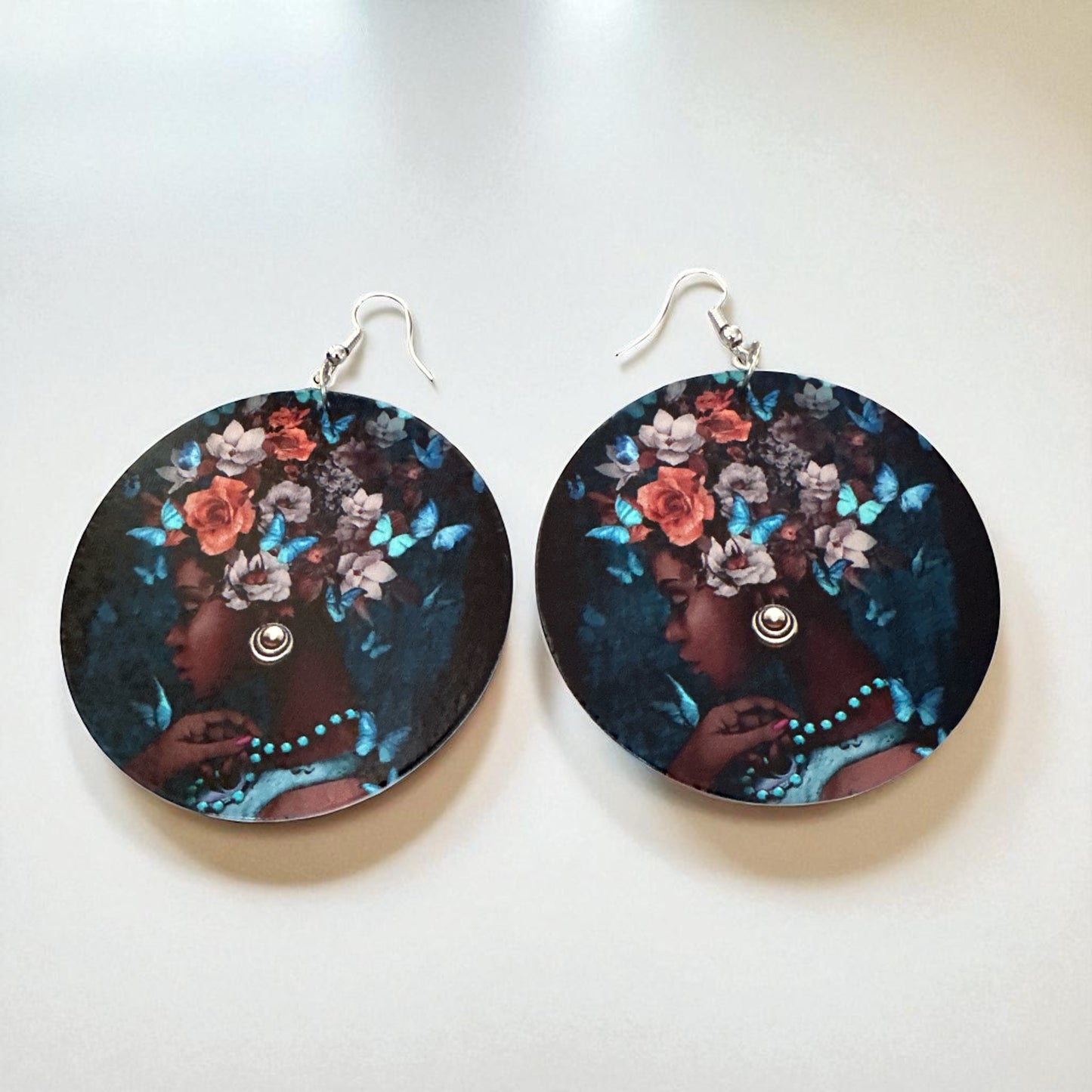 Afrocentric Queen Wooden Earrings – Floral & Butterfly Art Double-Sided Statement Jewellery - Fatisha Boutique #