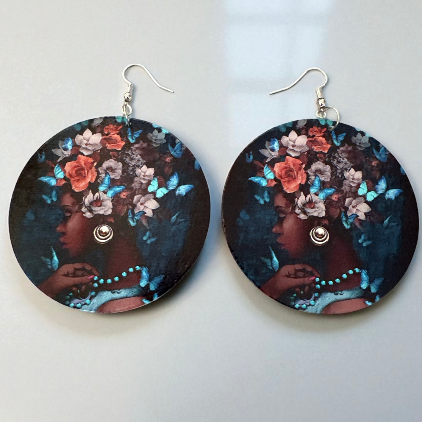 Afrocentric Queen Wooden Earrings – Floral & Butterfly Art Double-Sided Statement Jewellery - Fatisha Boutique #