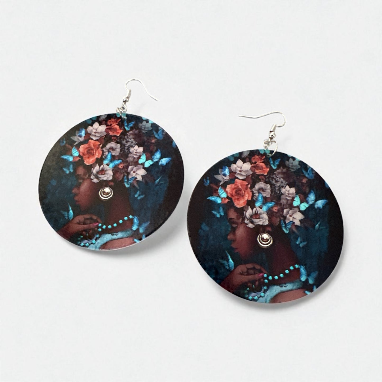 Afrocentric Queen Wooden Earrings – Floral & Butterfly Art Double-Sided Statement Jewellery - Fatisha Boutique #