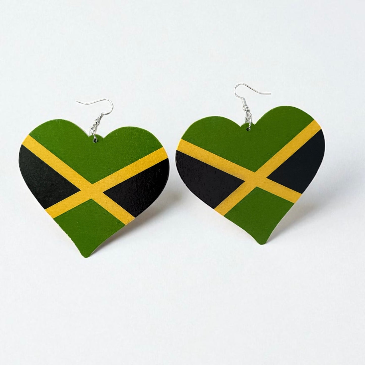 Oversized Jamaican Flag Heart Earrings – Double-Sided Wooden Ethnic Statement Jewellery - Fatisha Boutique #