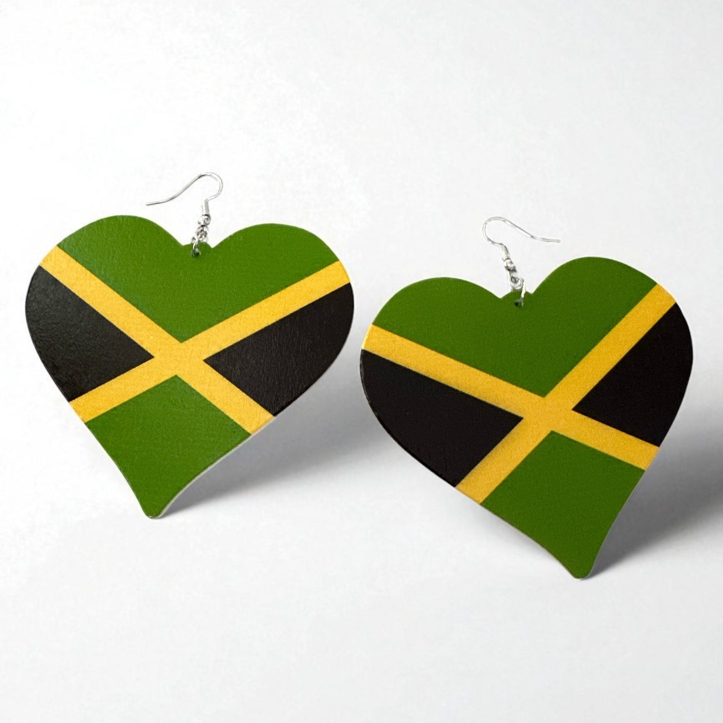 Oversized Jamaican Flag Heart Earrings – Double-Sided Wooden Ethnic Statement Jewellery - Fatisha Boutique #