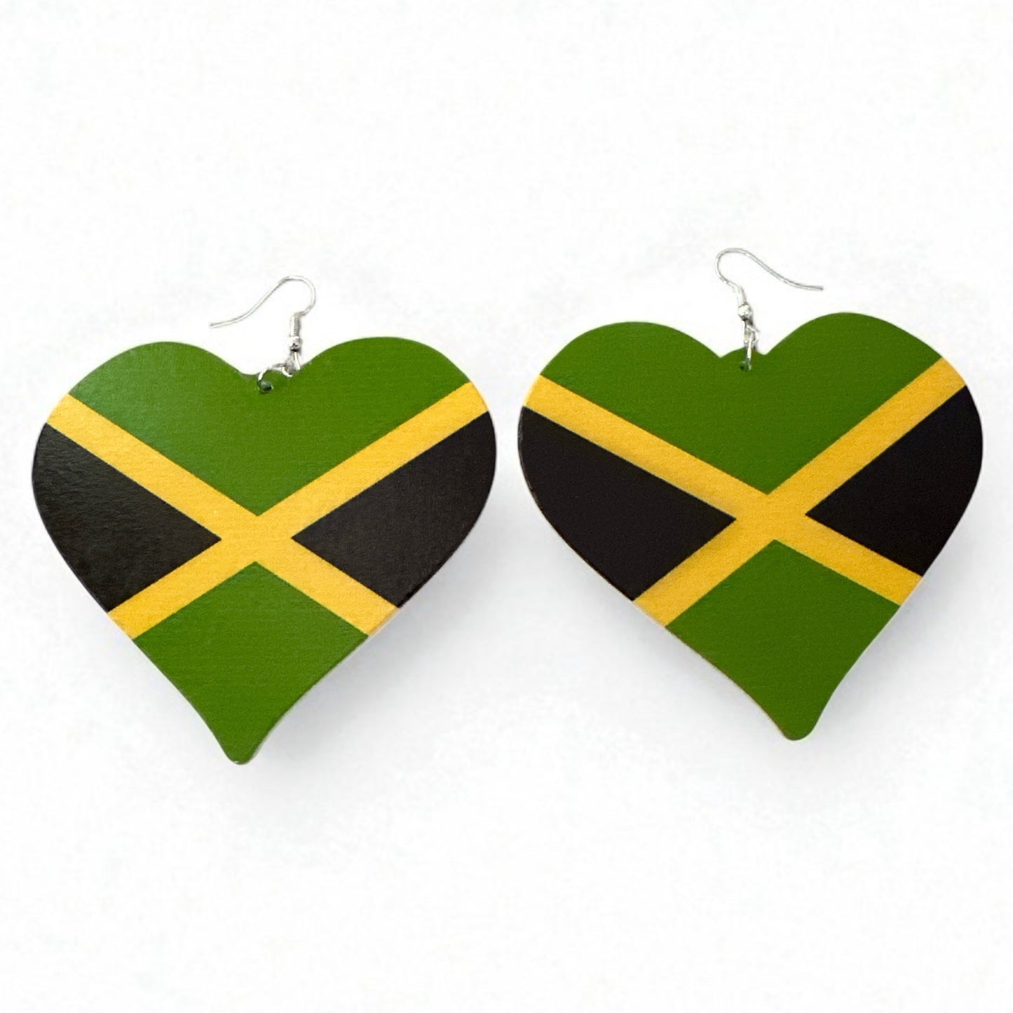 Oversized Jamaican Flag Heart Earrings – Double-Sided Wooden Ethnic Statement Jewellery - Fatisha Boutique #