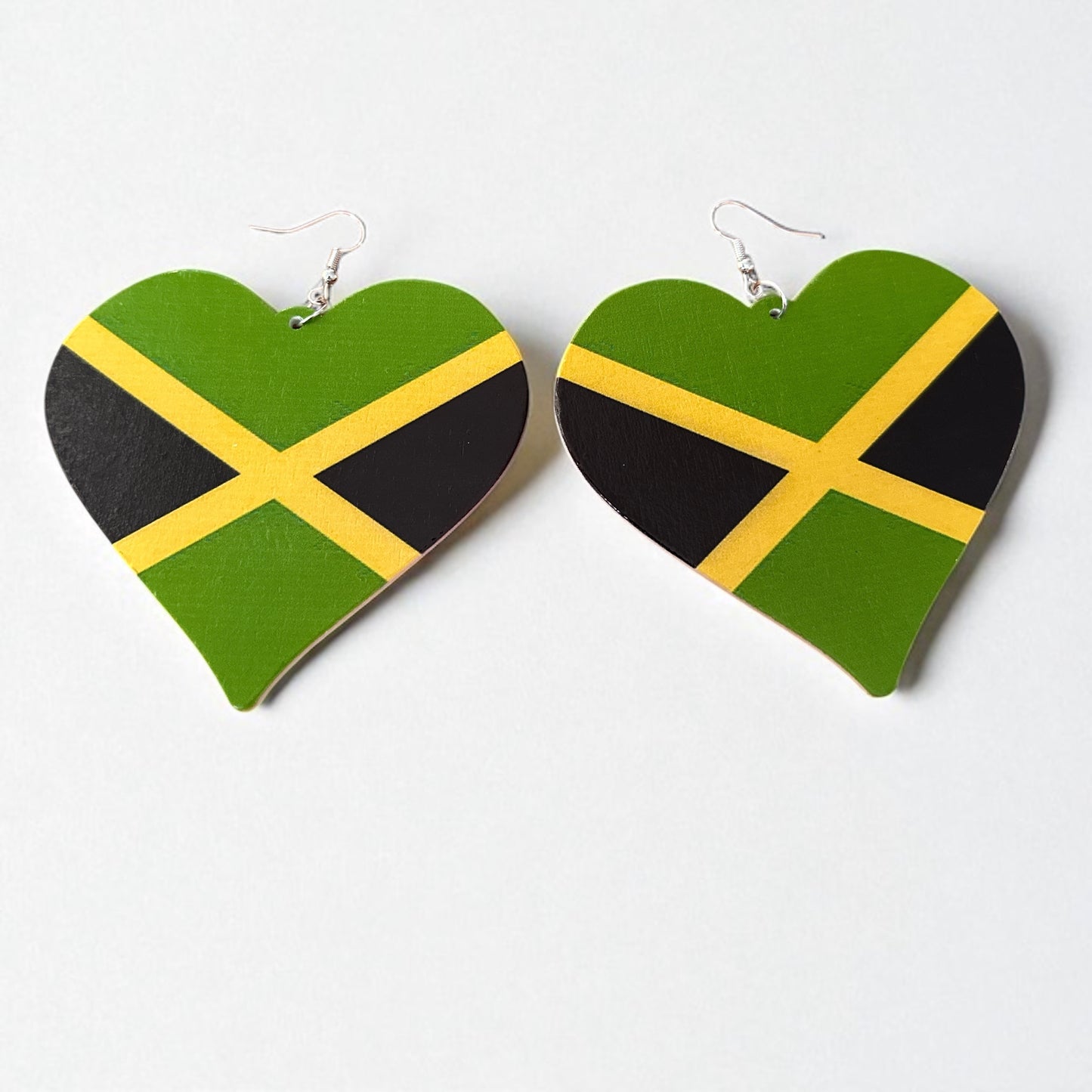 Oversized Jamaican Flag Heart Earrings – Double-Sided Wooden Ethnic Statement Jewellery - Fatisha Boutique #