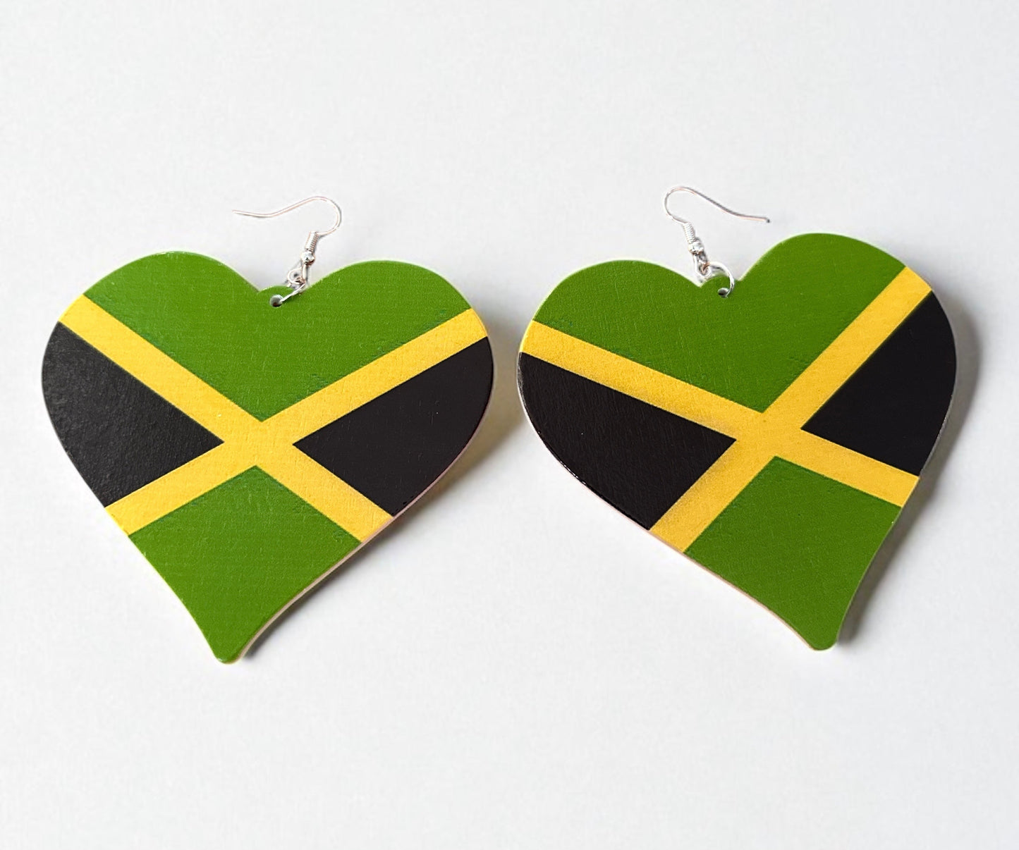Oversized Jamaican Flag Heart Earrings – Double-Sided Wooden Ethnic Statement Jewellery - Fatisha Boutique #
