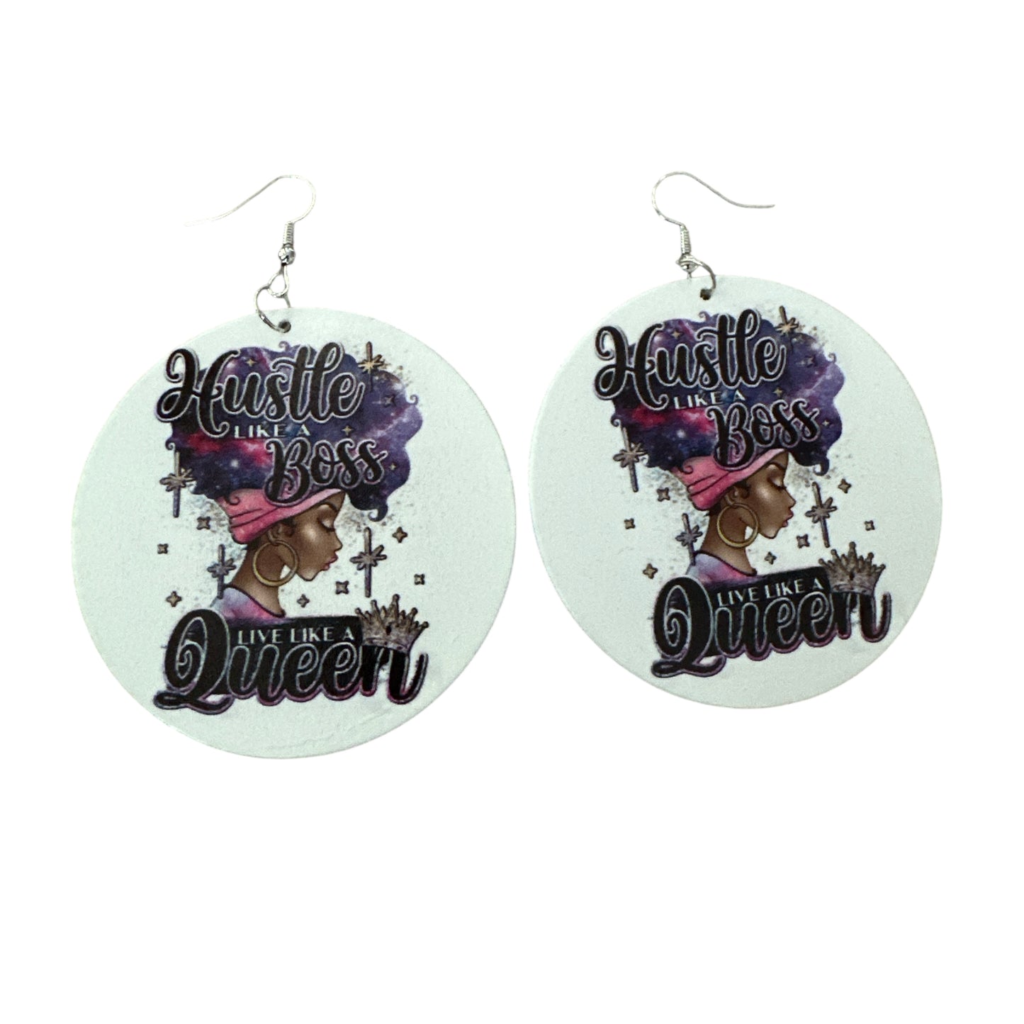 Double-Sided "Hustle Like a Boss, Live Like a Queen" Wooden Earrings – Afrocentric Statement Jewellery - Fatisha Boutique #