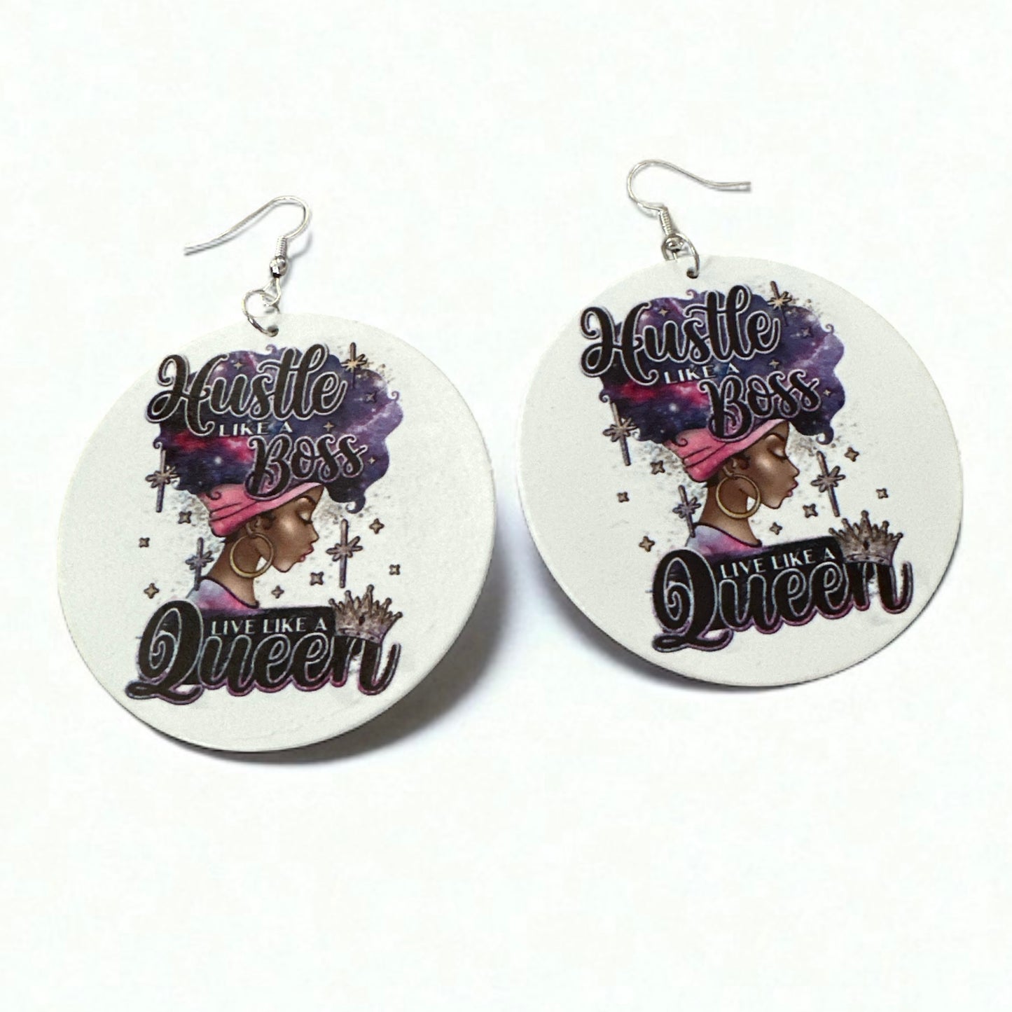 Double-Sided "Hustle Like a Boss, Live Like a Queen" Wooden Earrings – Afrocentric Statement Jewellery - Fatisha Boutique #