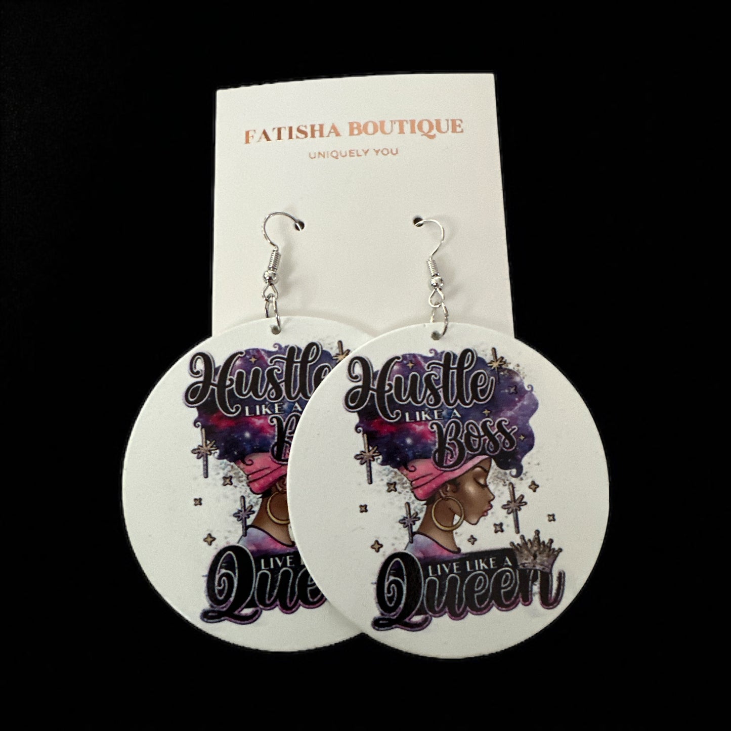 Double-Sided "Hustle Like a Boss, Live Like a Queen" Wooden Earrings – Afrocentric Statement Jewellery - Fatisha Boutique #