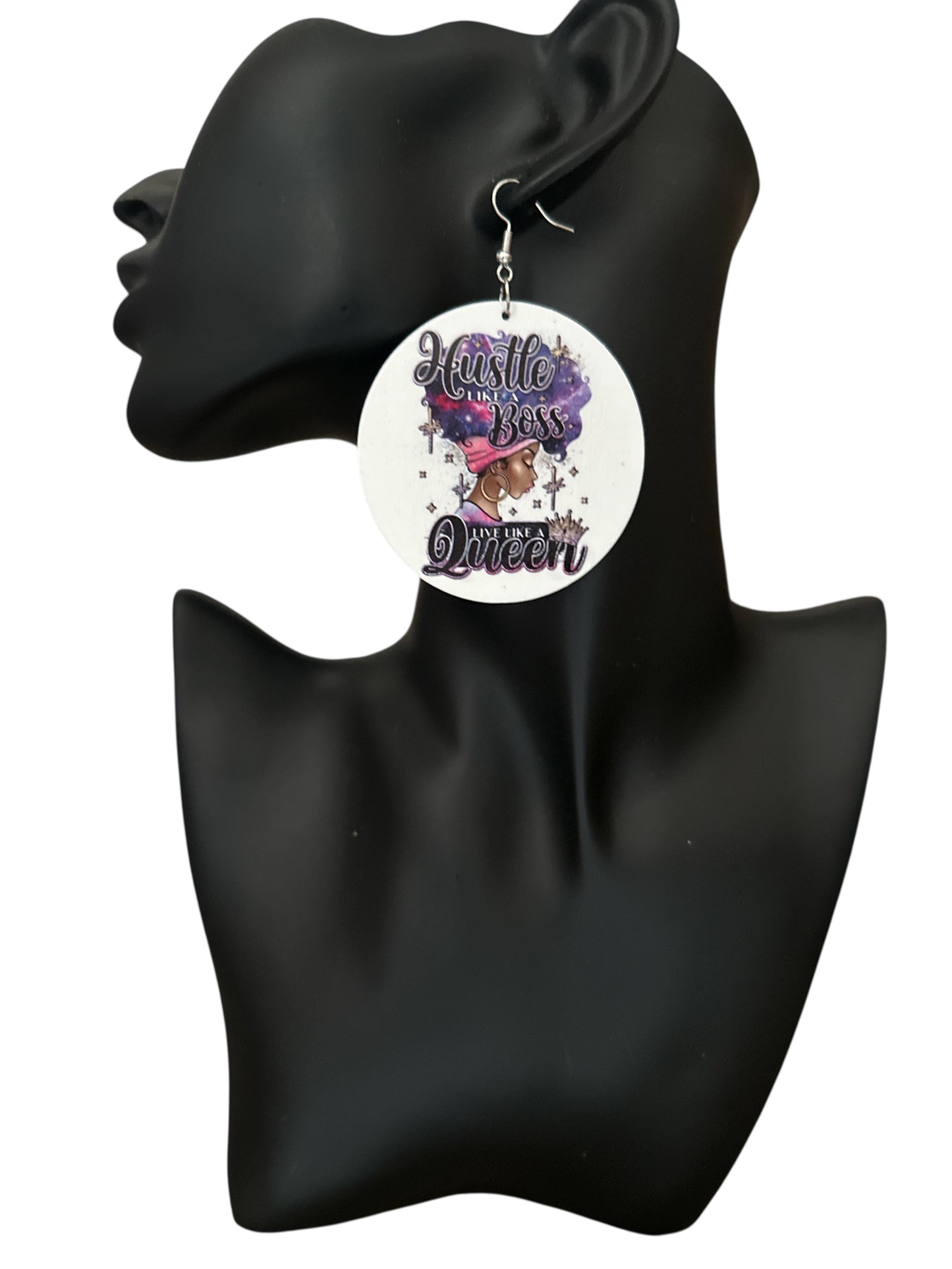 Double-Sided "Hustle Like a Boss, Live Like a Queen" Wooden Earrings – Afrocentric Statement Jewellery - Fatisha Boutique #