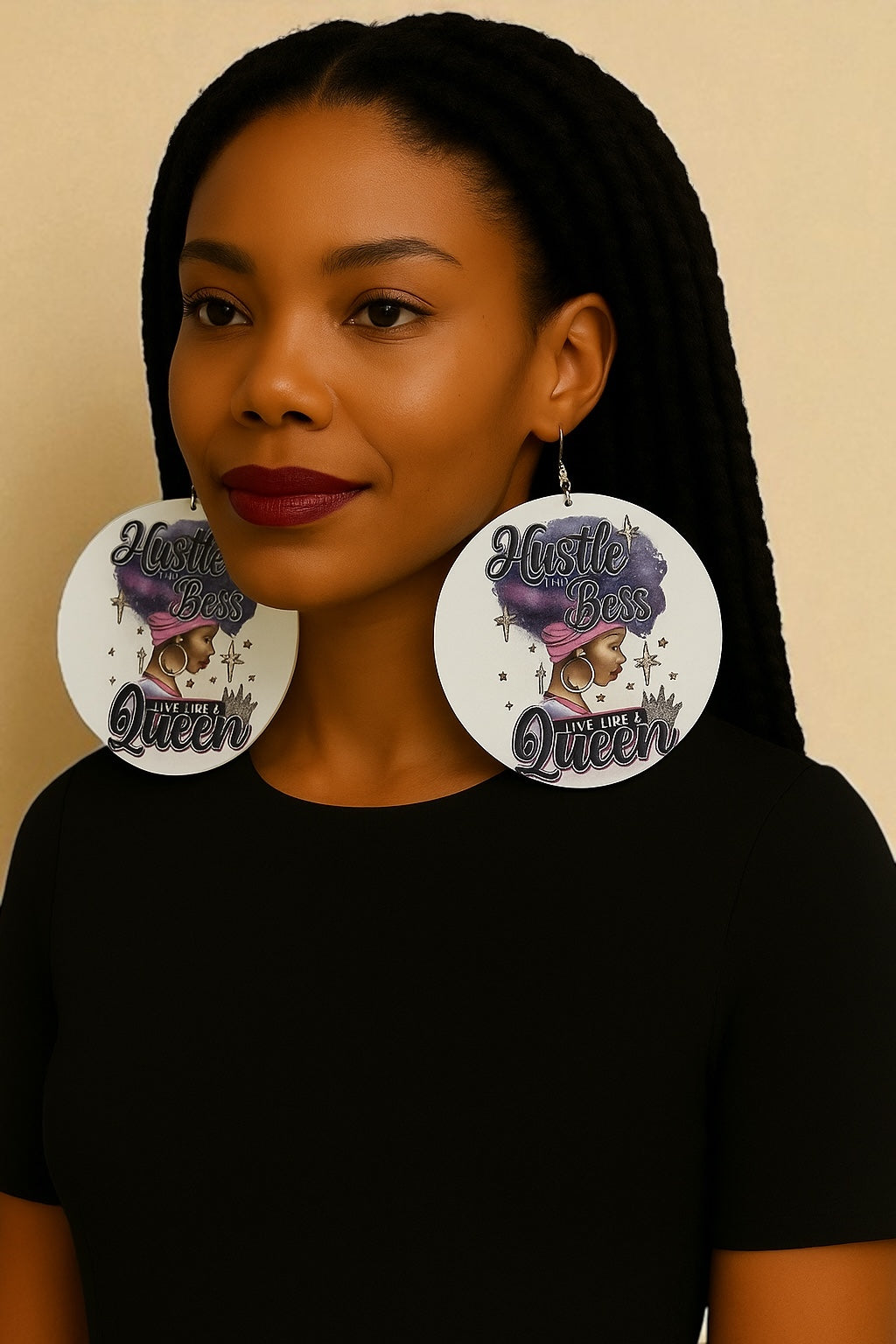 Double-Sided "Hustle Like a Boss, Live Like a Queen" Wooden Earrings – Afrocentric Statement Jewellery - Fatisha Boutique #