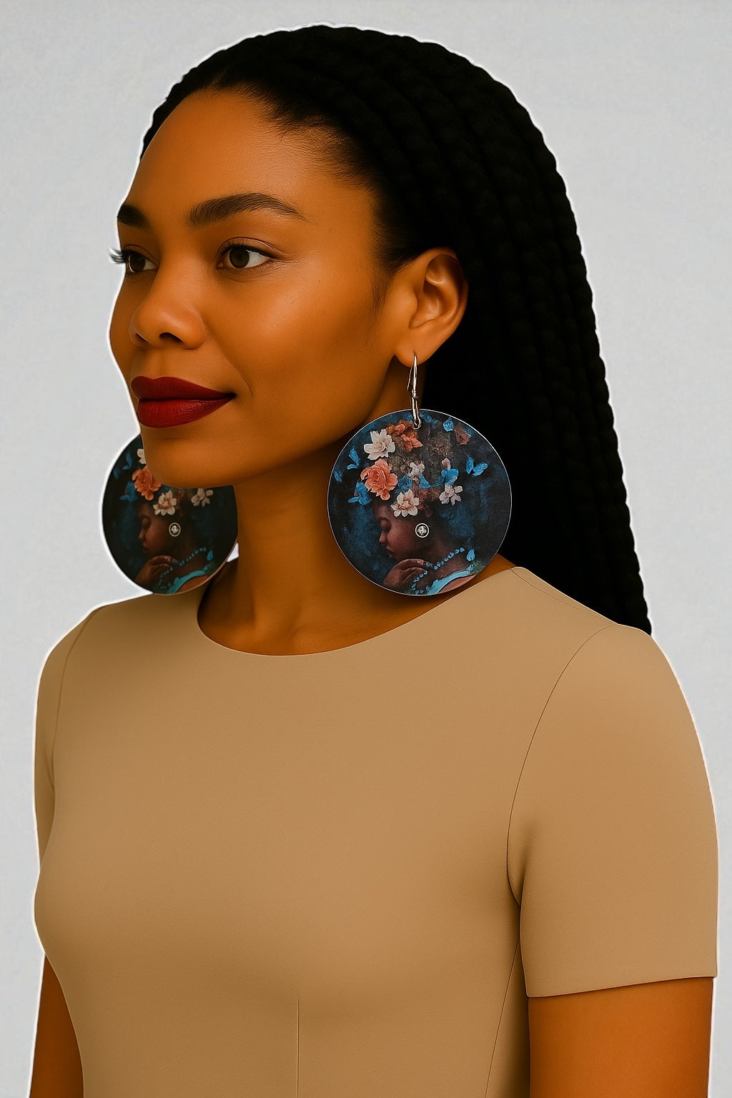 Afrocentric Queen Wooden Earrings – Floral & Butterfly Art Double-Sided Statement Jewellery - Fatisha Boutique #