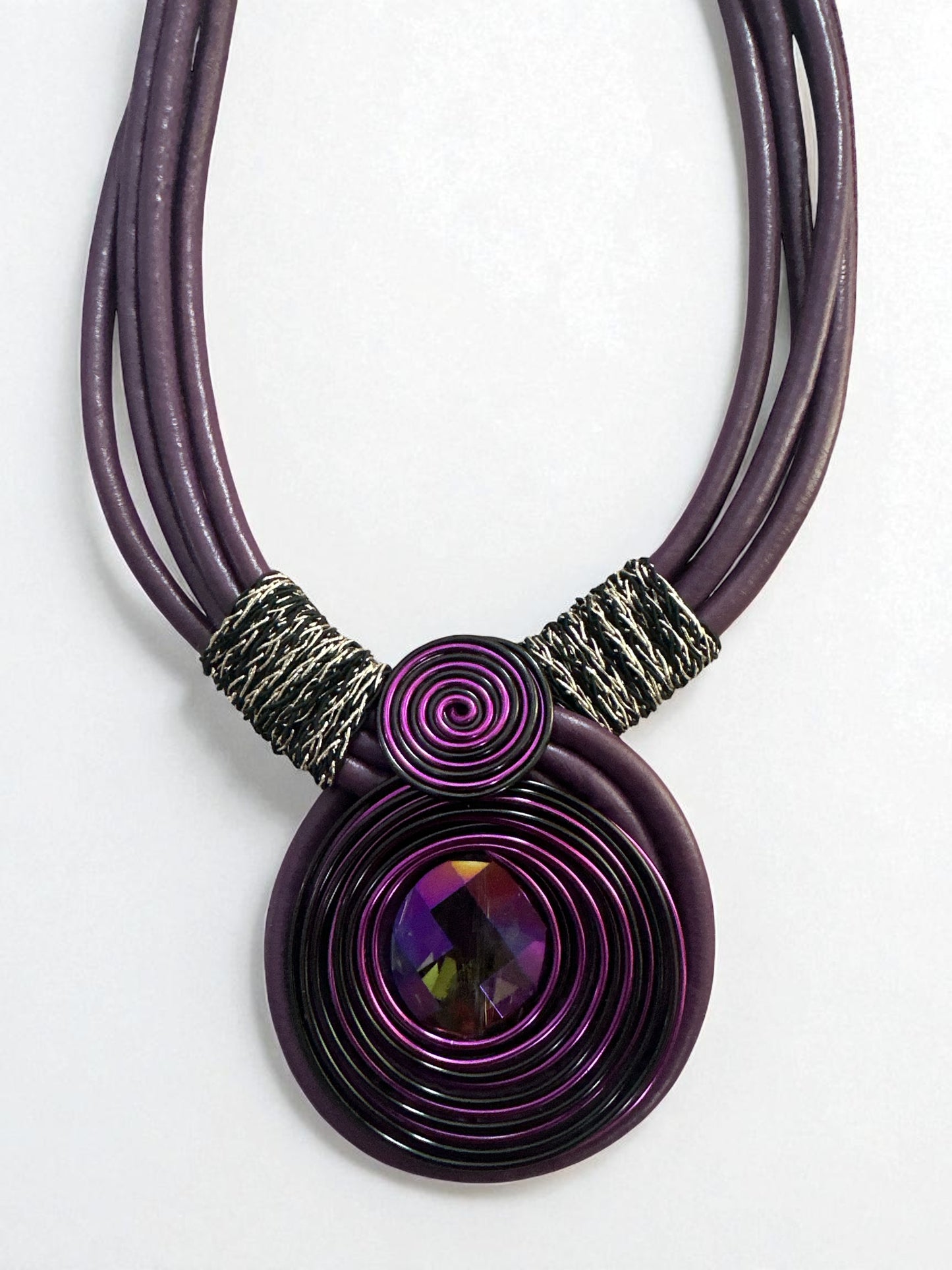 Bohemian Faux Leather Necklace with Crystal Pendant – Multi-Strand Statement Jewellery - Fatisha Boutique #