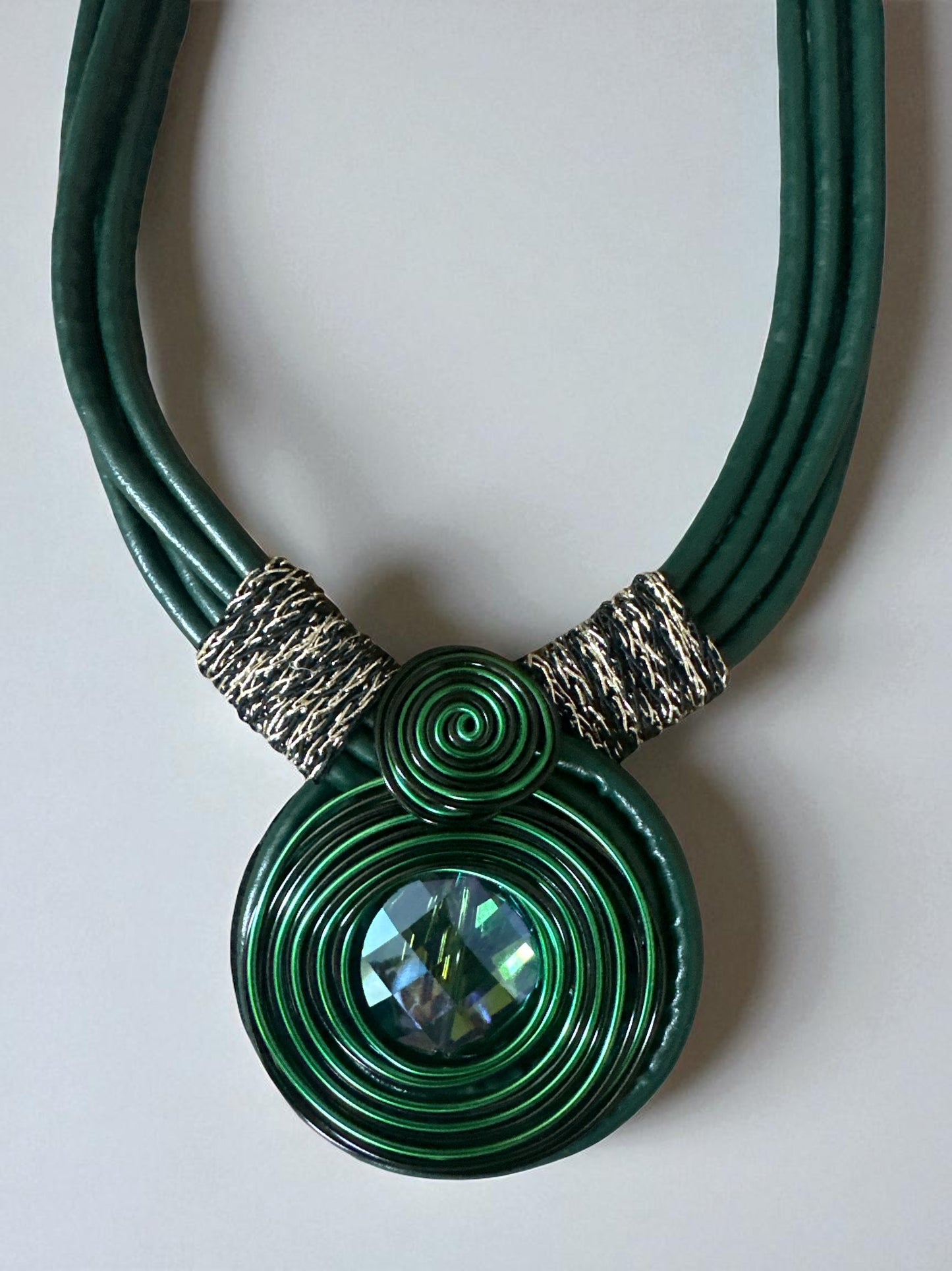 Bohemian Faux Leather Necklace with Crystal Pendant – Multi-Strand Statement Jewellery - Fatisha Boutique #