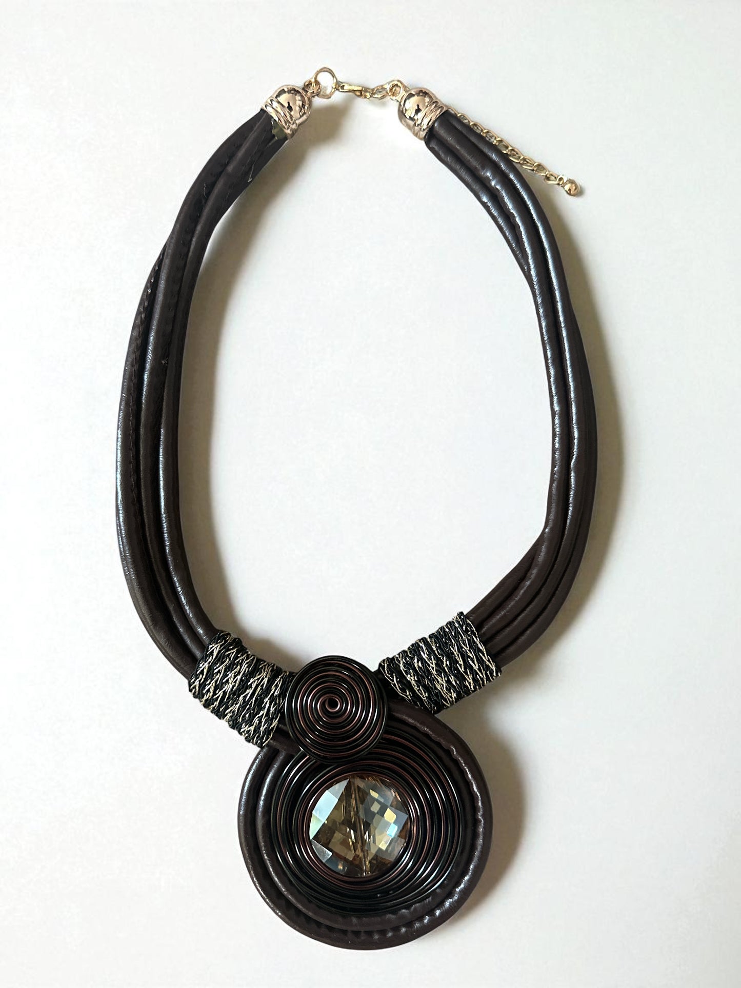Bohemian Faux Leather Necklace with Crystal Pendant – Multi-Strand Statement Jewellery - Fatisha Boutique #