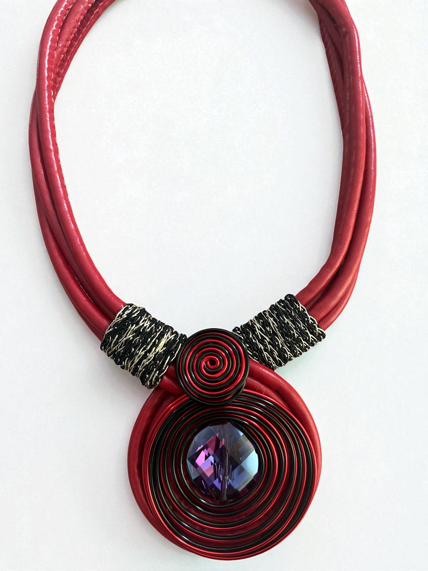 Bohemian Faux Leather Necklace with Crystal Pendant – Multi-Strand Statement Jewellery - Fatisha Boutique #