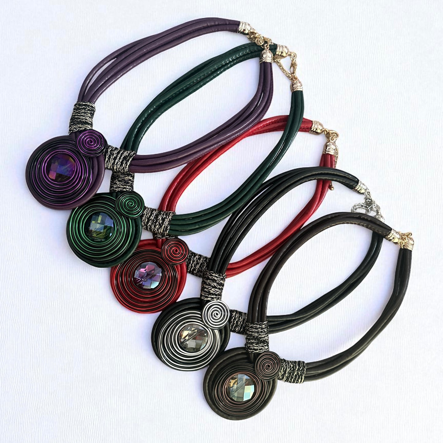 Bohemian Faux Leather Necklace with Crystal Pendant – Multi-Strand Statement Jewellery - Fatisha Boutique #
