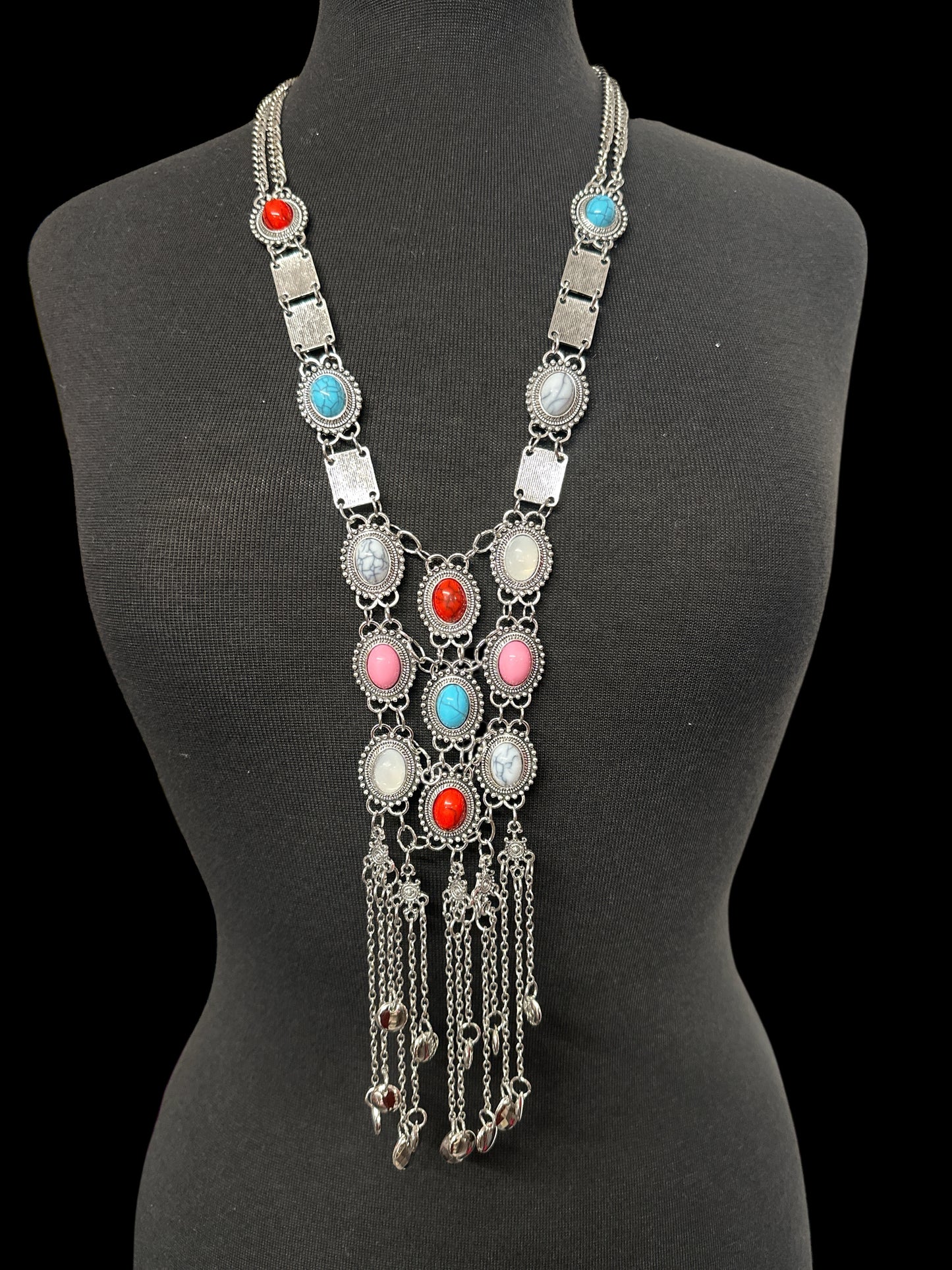 Long Bohemian Statement Necklace with Colourful Stones & Tassel Chains – Vintage Tribal Jewellery - Fatisha Boutique #