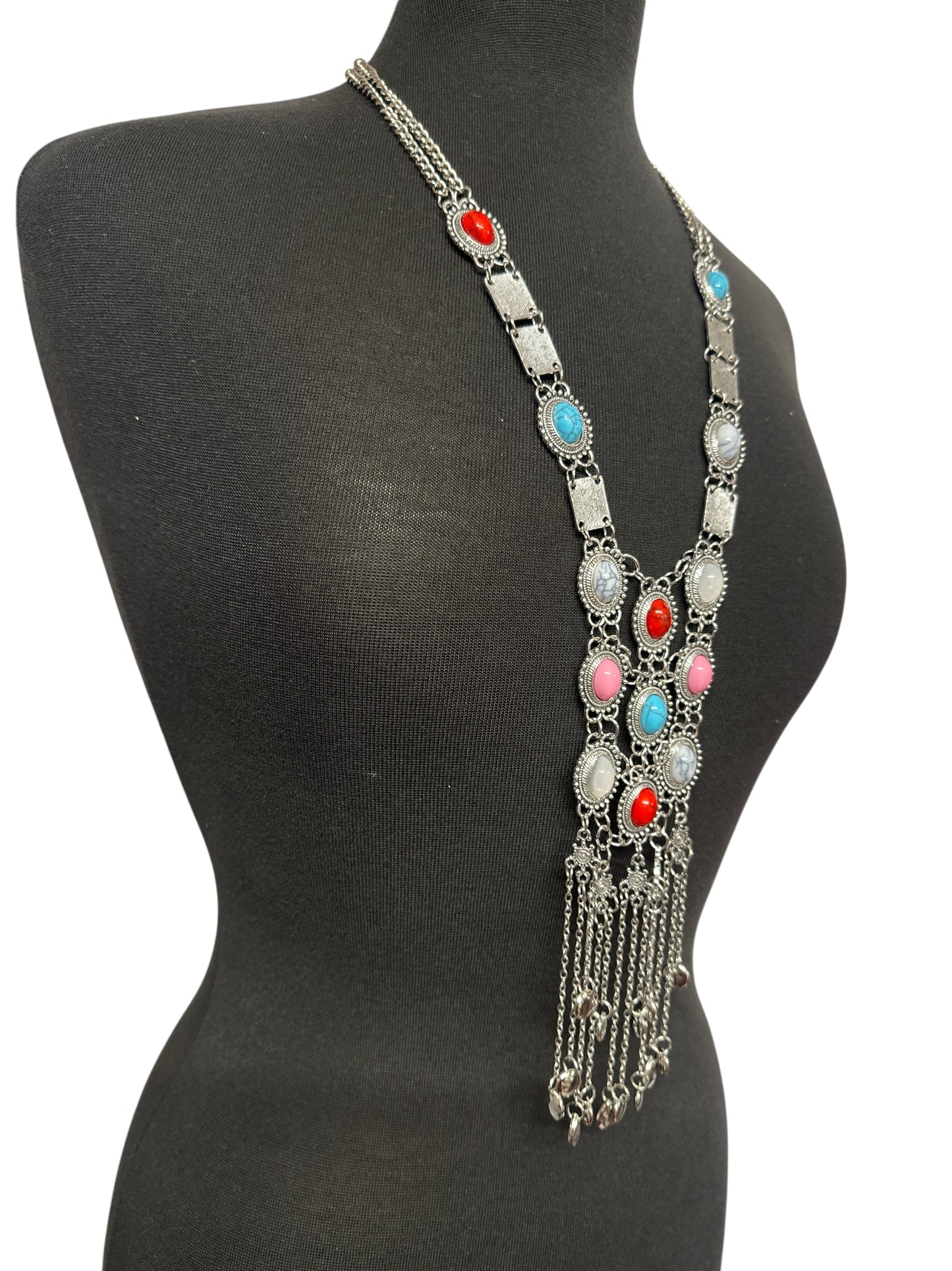 Long Bohemian Statement Necklace with Colourful Stones & Tassel Chains – Vintage Tribal Jewellery - Fatisha Boutique #