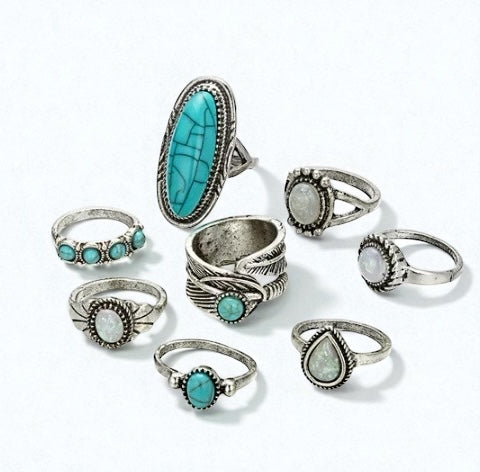 Boho Turquoise & Opal Ring Set – 8-Piece Vintage Silver Knuckle Rings for Women - Fatisha Boutique #