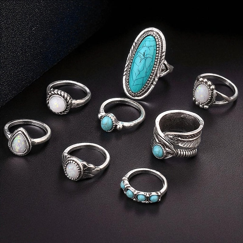 Boho Turquoise & Opal Ring Set – 8-Piece Vintage Silver Knuckle Rings for Women - Fatisha Boutique #
