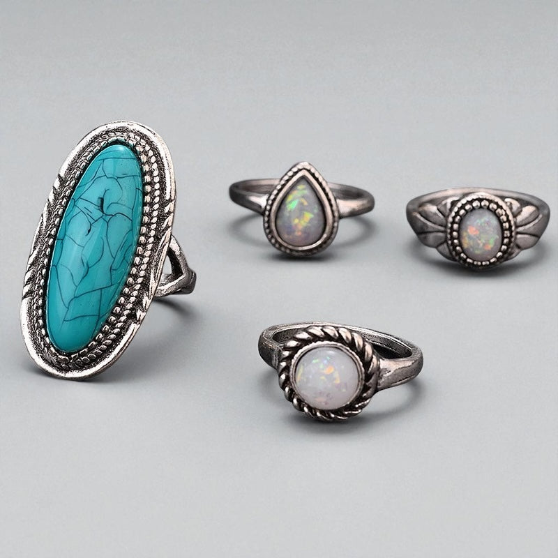 Boho Turquoise & Opal Ring Set – 8-Piece Vintage Silver Knuckle Rings for Women - Fatisha Boutique #