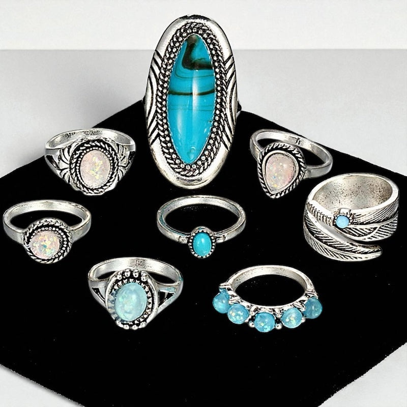 Boho Turquoise & Opal Ring Set – 8-Piece Vintage Silver Knuckle Rings for Women - Fatisha Boutique #