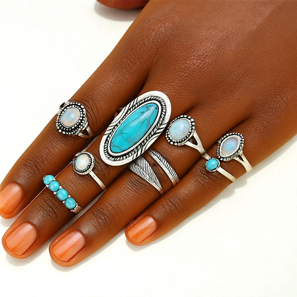 Boho Turquoise & Opal Ring Set – 8-Piece Vintage Silver Knuckle Rings for Women - Fatisha Boutique #
