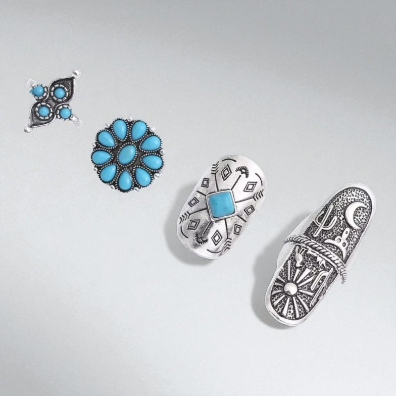 Boho Turquoise Ring Set – 9-Piece Vintage Silver Adjustable Rings for Women - Fatisha Boutique #