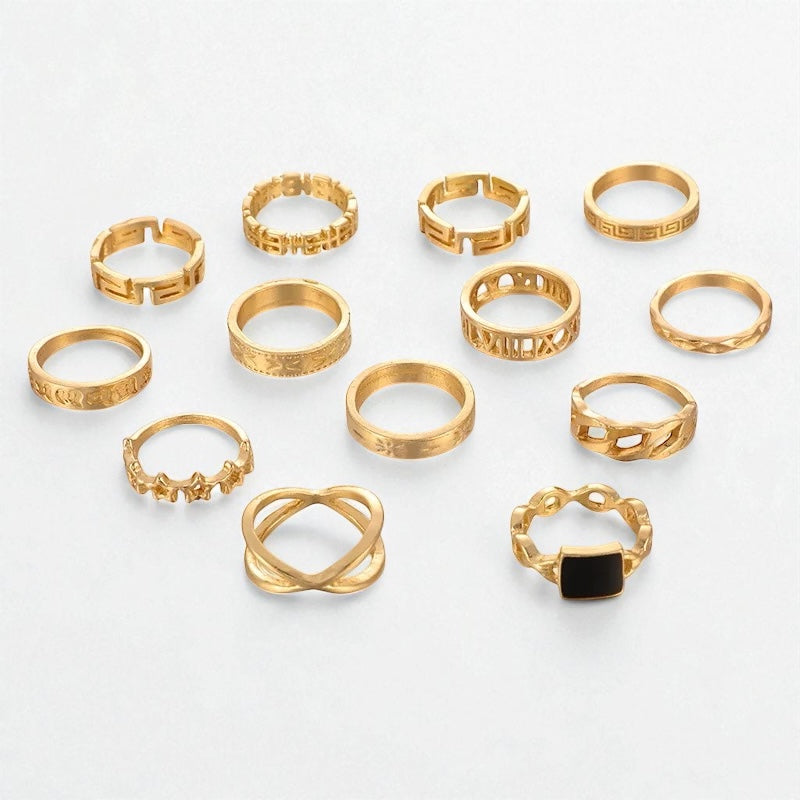 13-Piece Gold Ring Set – Non-Adjustable Stacking Rings with Bold Statement Designs for Women - Fatisha Boutique #