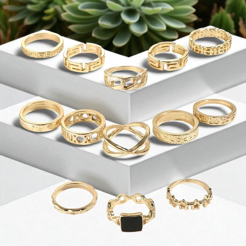 13-Piece Gold Ring Set – Non-Adjustable Stacking Rings with Bold Statement Designs for Women - Fatisha Boutique #