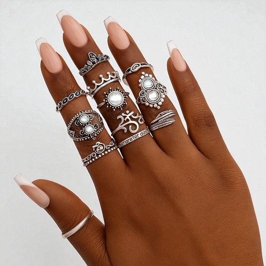 Bohemian 16-Piece Silver Ring Set – Vintage Crystal Statement Jewellery - Fatisha Boutique #