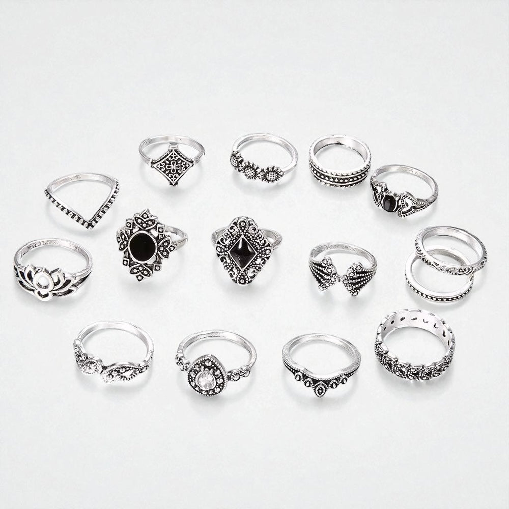 Boho Vintage Silver Ring Set – 15-Piece Statement Jewellery for Women - Fatisha Boutique #
