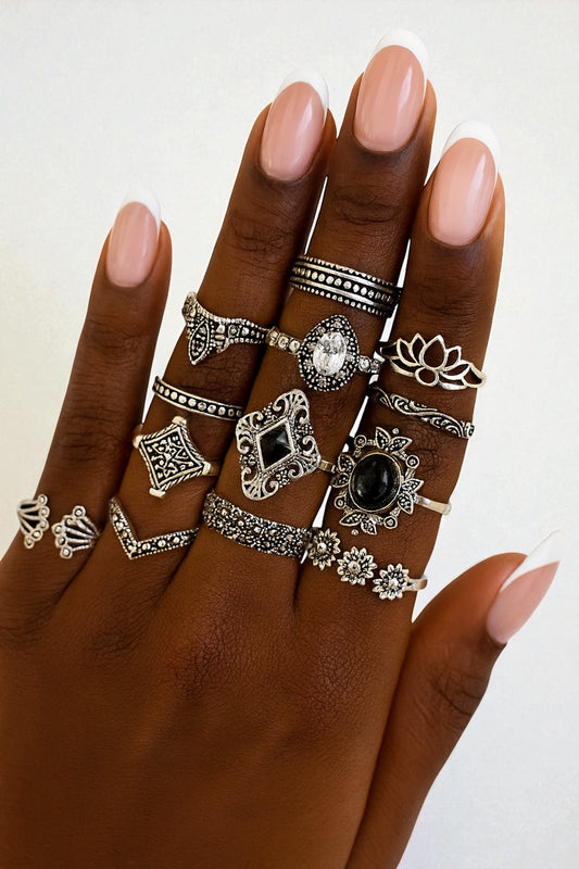 Boho Vintage Silver Ring Set – 15-Piece Statement Jewellery for Women - Fatisha Boutique #
