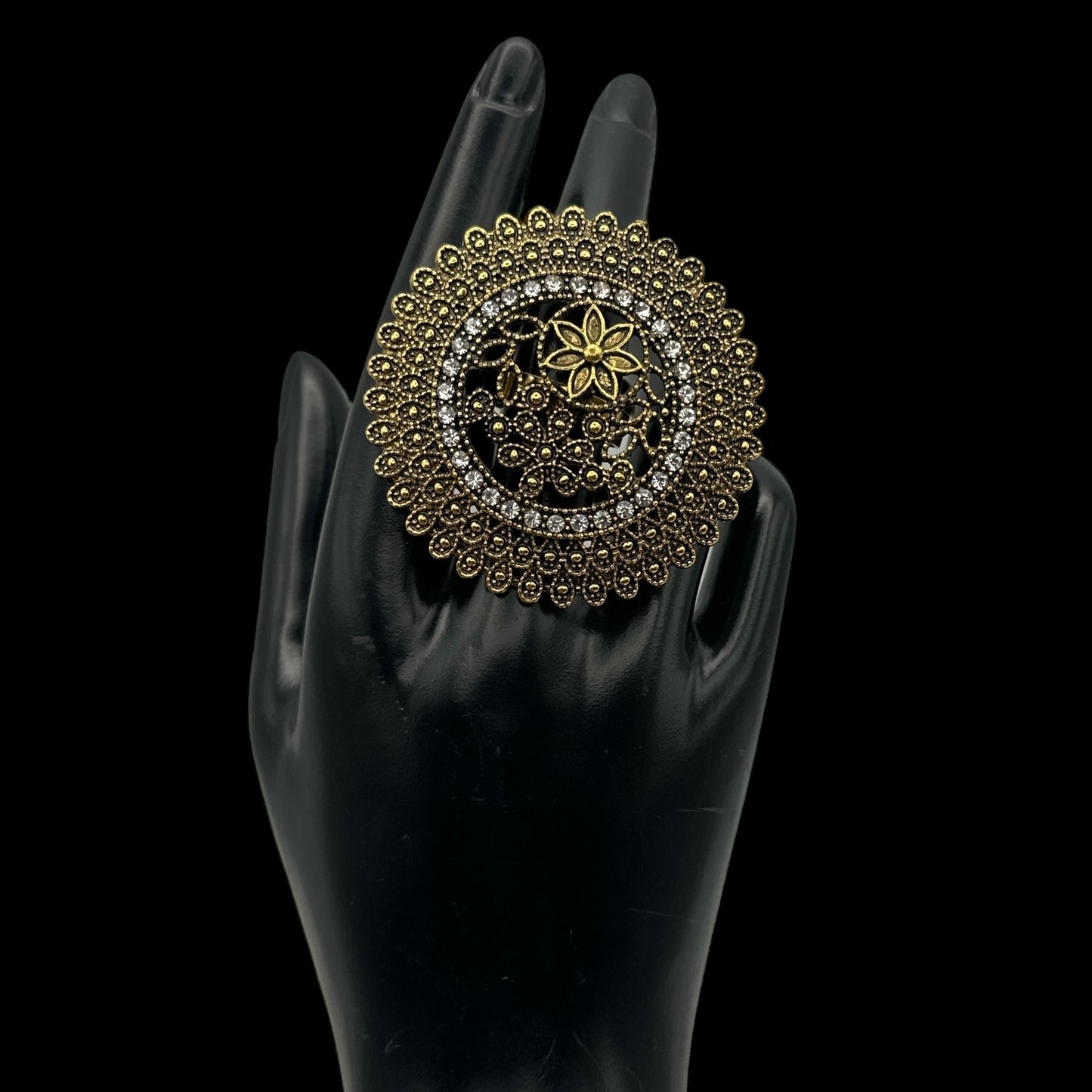 Vintage Boho Oversized Statement Ring – Antique Gold & Silver, 5cm Mandala Design - Fatisha Boutique #