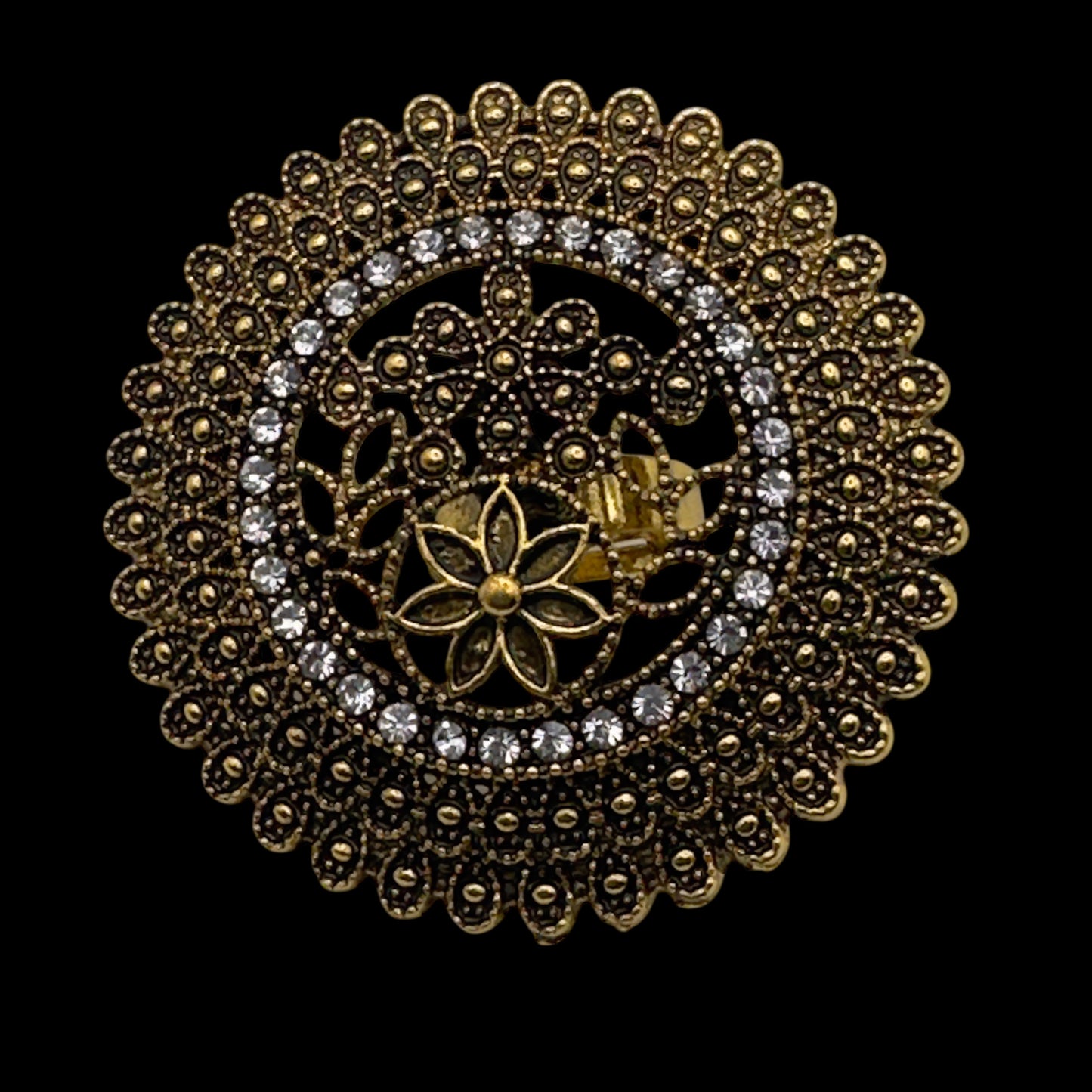 Vintage Boho Oversized Statement Ring – Antique Gold & Silver, 5cm Mandala Design - Fatisha Boutique #