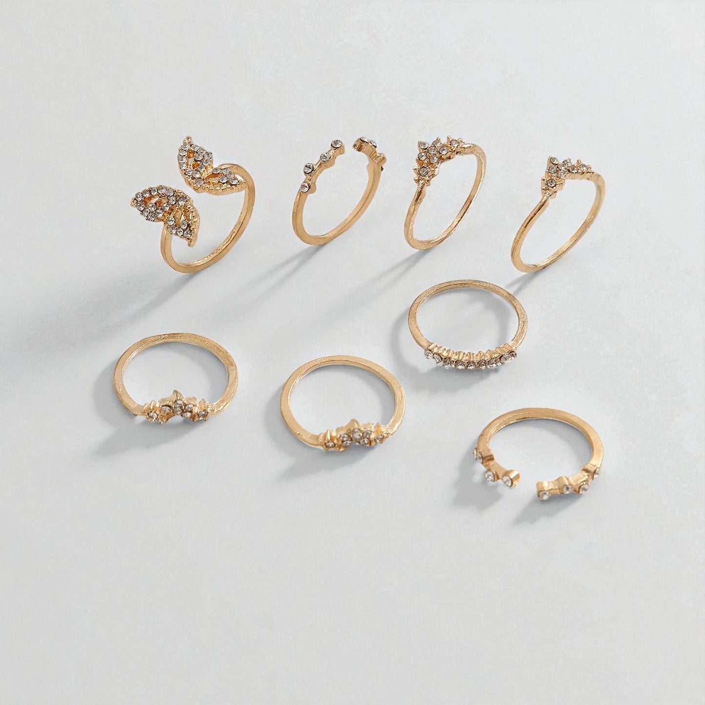 Elegant Butterfly & Crystal Gold Ring Set (8 Pieces) – Dainty Non-Adjustable Stackable Rings - Fatisha Boutique #
