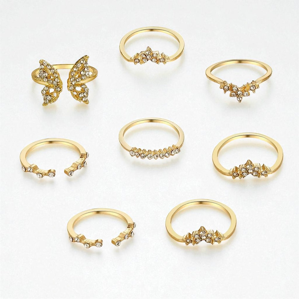 Elegant Butterfly & Crystal Gold Ring Set (8 Pieces) – Dainty Non-Adjustable Stackable Rings - Fatisha Boutique #