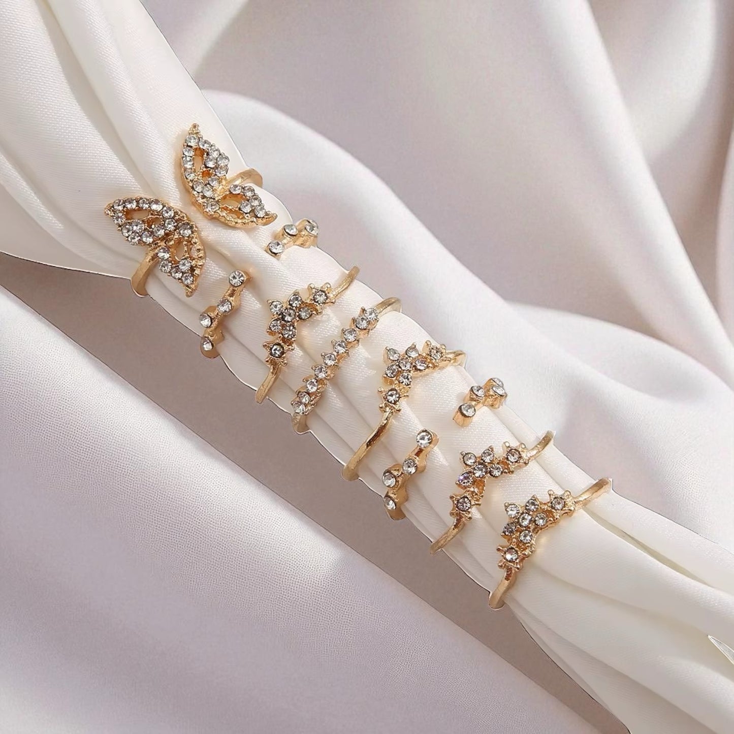 Elegant Butterfly & Crystal Gold Ring Set (8 Pieces) – Dainty Non-Adjustable Stackable Rings - Fatisha Boutique #